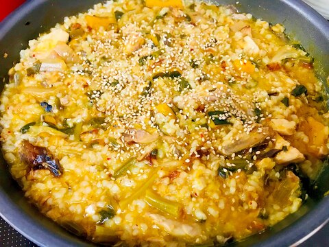 サバ缶で!カボチャ入りサバキムチ中華雑炊
